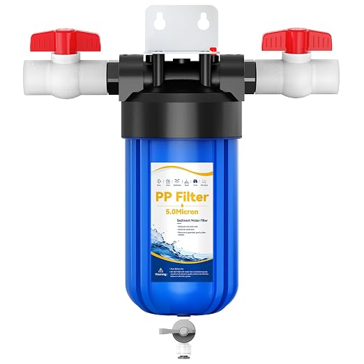 Whole House Big Blue Water Filter System with Drain Valve, PP Sediment Water Filter System 5 Micron, 10" x 4.5" Housing, 1" FNPT Ports, Reduces Sand, Rust, Silt & Dirt, Protects Plumbing & Appliances