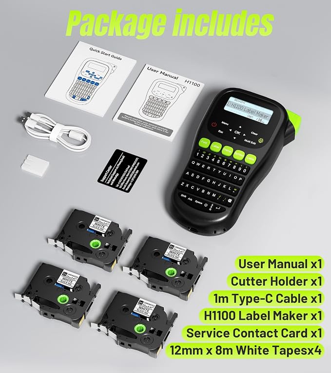 Label Maker Machine with 4 Tapes, Wire Label Maker Waterproof-Labels, Laminated Handheld Label Printer, Backlit & Portable & 3 Cable Modes, H1100 Labeler for Industrial Office Organization