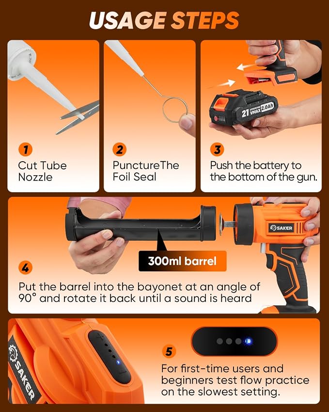 Saker Electric Caulking Gun Cordless Caulk Gun Drip-free with Caulking Tools 4 Adjustable Speeds with LED Light 10oz/300ml for Kitchen Bathroom Filling, Sealing 2 Batteries