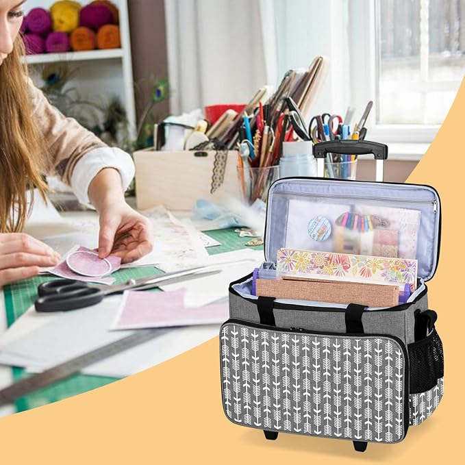 Yarwo Upgraded Rolling Craft Bag with Detachable Trolley and Multi-Pockets | Removable Bottom Board, Wheeled Scrapbook Tote, Large Teacher Gifts Bag, Rolling Briefcase for Teaching & Office, Gray Arrow