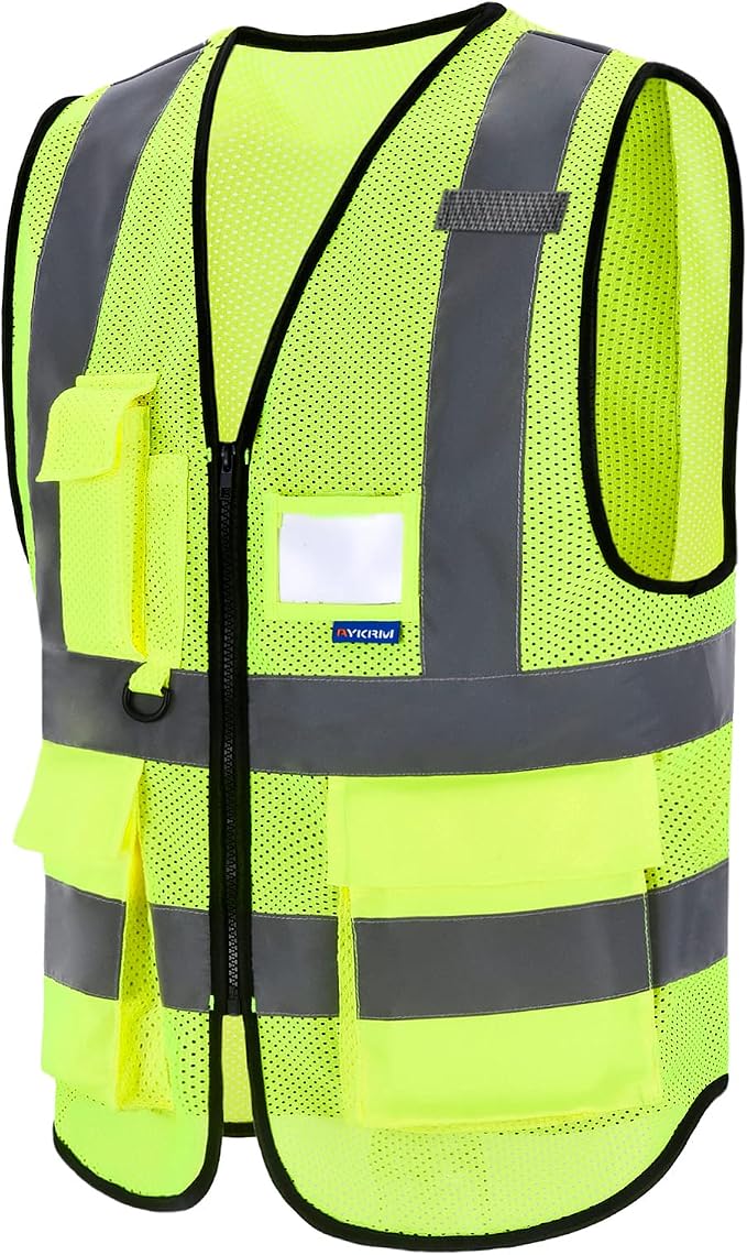 A-SAFETY ANSI/ISEA Standard Class 2 Hi-Vis Vest, Unisex, Zipper, Yellow, L | Yellow L Class 2 mesh safety vest with reflective strips and 7 pockets for construction and road work; 21 color options.