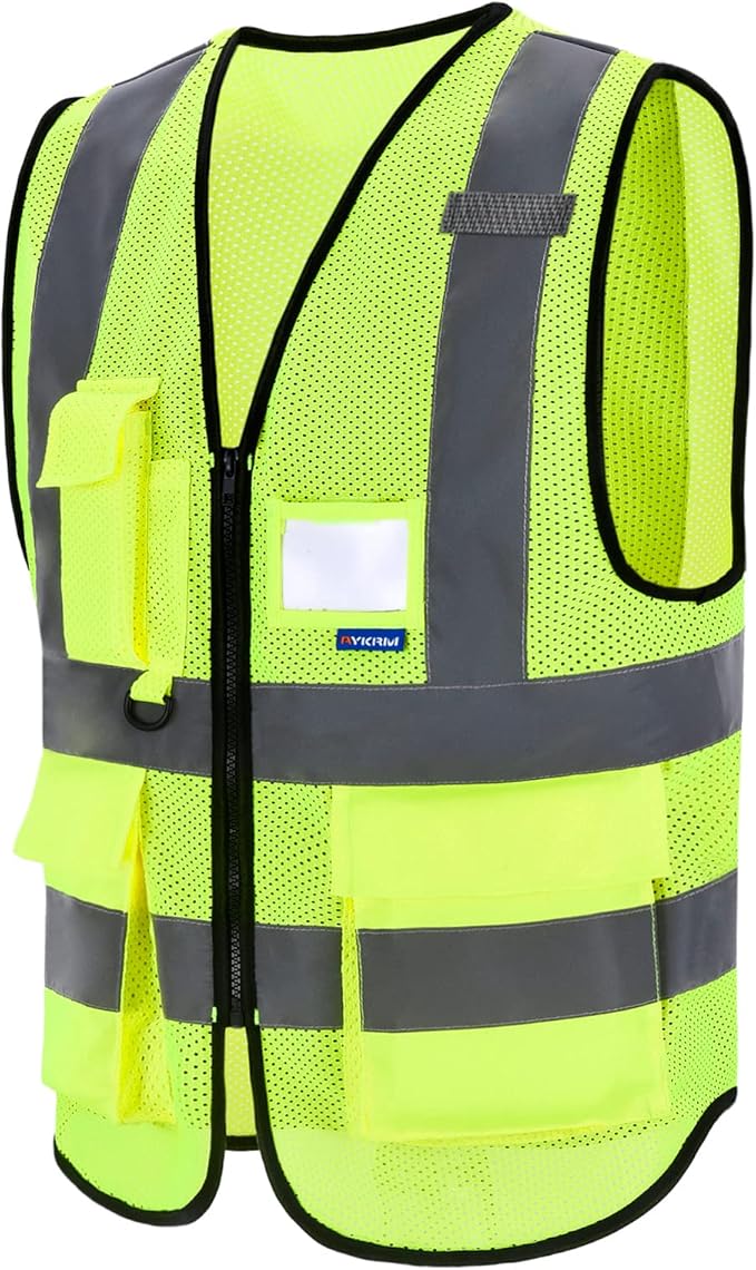 A-SAFETY Reflective Mesh Safety Vest, Reinforced Points, Zipper, Yellow, S | Yellow S breathable mesh vest with 7 pockets, clear ID pocket and radio mic loop for surveying and warehouse operations.