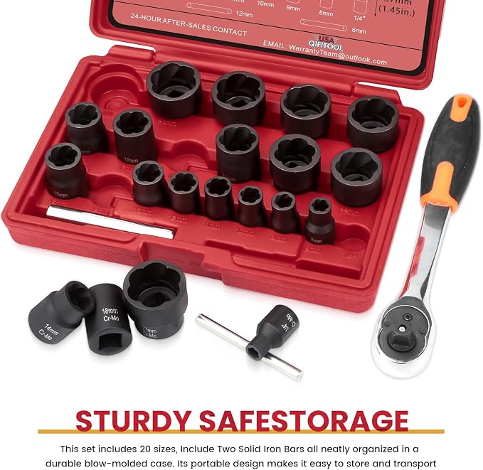 22PCS Bolt Extractor Set, 1/2" and 3/8" Drive Easy Out Stripped Locking Lug Nut Removal Tool, Ez Out Wheel Lock Remover Kit for Extracting Damaged, Broken, Rusted Nuts & Screws(Red)