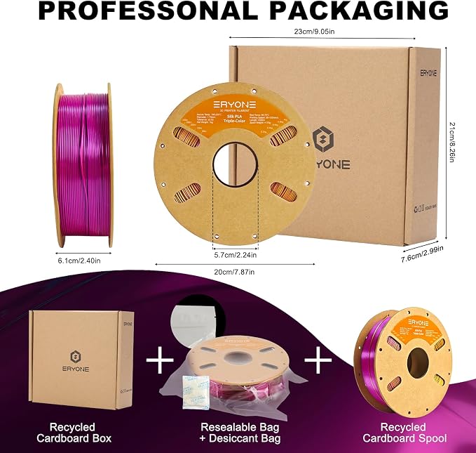 ERYONE Silk Tri Color PLA Filament 3D Printer 1.75mm +/- 0.03mm, Multicolor Filament Tricolor PLA 1KG(2.2lbs) Cardboard Spool, Gold Blue Purple