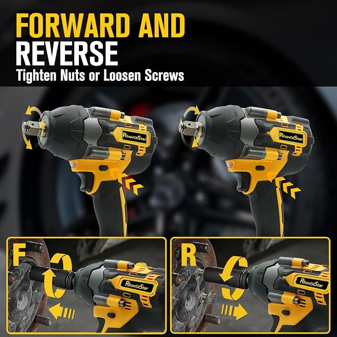 Rhovixster 1/2 Impact Gun Cordless - Impact Wrench Set, 1/2 Torque Impact, Brushless Motor High Torque Impact Guns with 2pcs 4Ah Battery & 1pcs Charger, 850N.M Torque