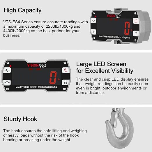 VisionTechShop Digital Crane Scale, VTS-ES4 4400lb/2000kg Heavy Duty Compact Hanging Industrial Scale with Remote Control, Large LED Display, Smart Accuracy for Farm, Factory, Construction