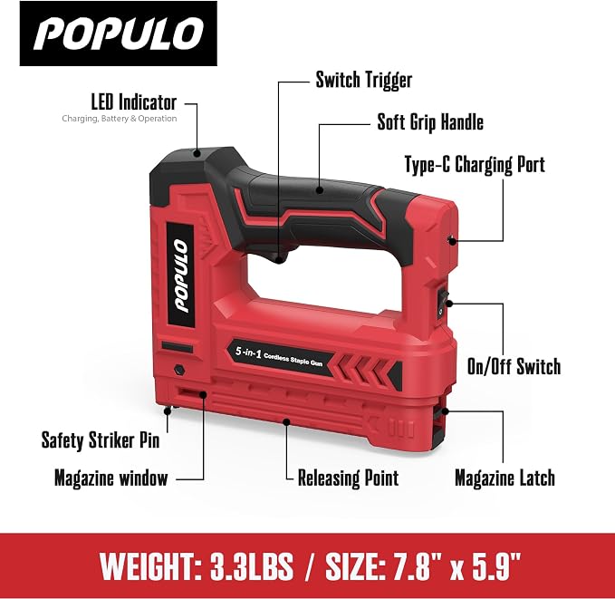 POPULO Electric Staple Gun 5 in 1 Band Nailer, 4V Rechargeable Cordless Stapler, Pin Nail Gun Battery Powered with 2,000 Staples and Nails, Power Wire Staple Gun for Home, Wood, Upholstery, DIY