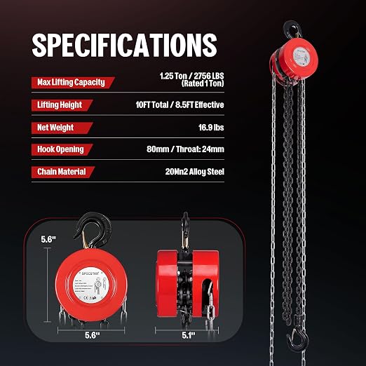 SPECSTAR Hand Chain Hoist 1 Ton 2200 Lbs Capacity 10 Feet with 2 Hooks | Heavy Duty Manual Chain Fall for Warehouse Building Automotive Machinery Red