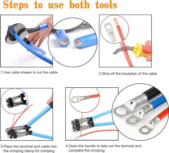 Battery Cable wire Lug Crimping Tool for AWG 8-1/0 terminals with Cable Cutter and 20PCS Tubular Ring Terminal Connectors and 20PCS 3:1 Dual Wall Adhesive Heat Shrink Tubing