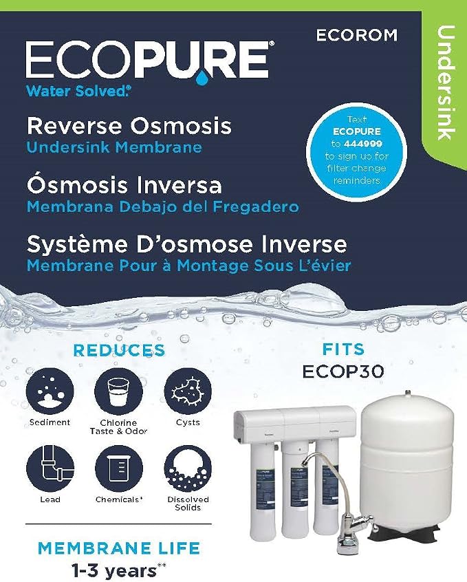 EcoPure ECOROM Reverse Osmosis Membrane Replacement–Fits ECOP30 & Select Kenmore & Brita RO Systems–NSF-Certified Stage 2 Filter–Reduces TDS,Lead,Chlorine & More–1–3Year Life–Easy Changes,(Pack of 3)