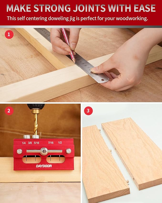 DAYDOOR 6.7" Self Centering Dowel Jig, Wide Capacity Doweling Jig & Drill Guide for Woodworking, Complete Kit with 6 Steel Bushings for Straight Holes(Red)