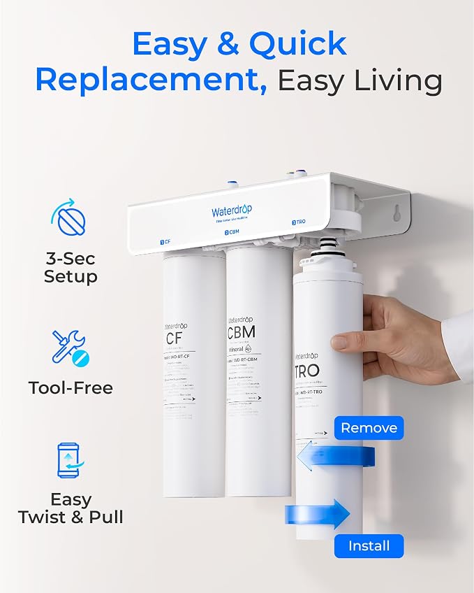 Waterdrop RT-AF2 Filter, Replacement for T3-T RO System, CF*1+CBM*2+TRO*1 | 1-Year Replacement Filters Bundle, Mineral-Enhanced Filtration, Under-Sink RO Water Filter, High Capacity, Easy Replacement
