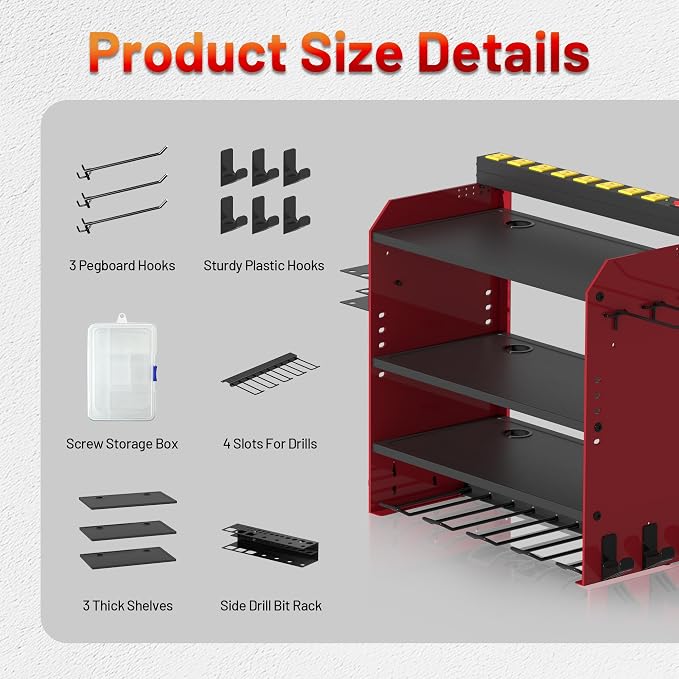 Power Tool Organizer Wall Mount with Charging Station & 8 Outlet,4 Layer Heavy Duty Metal Rack Loads 260lbs for Garage Organization,4 Cordless Drill Holders,Day Gift for Men,Dark Red