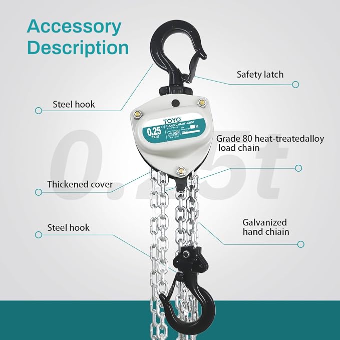TOYO 550lbs Chain Hoist 1/4 Ton - Mini Hand Hoist with 10FT Chain, for Garages, Warehouse, Automotive - Heavy Duty Pulley Hoist with 2 Heavy Duty Hooks (550Lb 10Ft)