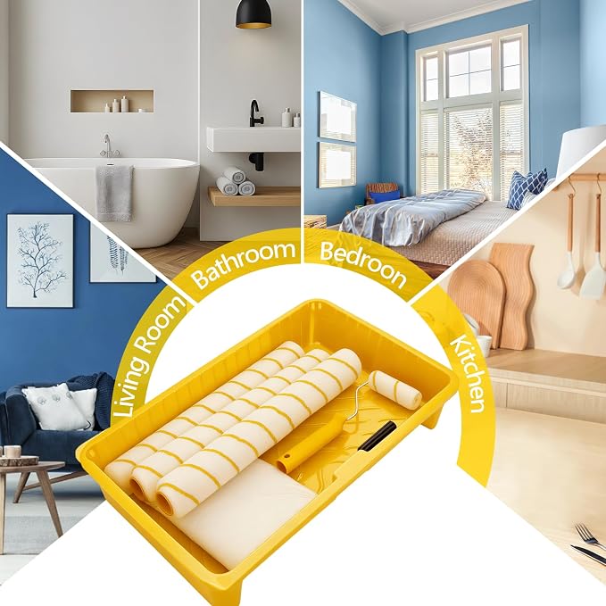 18 Inch Paint Roller Kit, 14 Pack Paint Roller Set with 2-4 Ft Extension Pole, Paint Tray Liners with Plastic Sheeting for Painting Walls Ceilings House Corner Stain (White and Yellow)