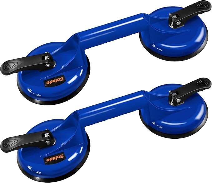 2 Pack Heavy Duty Vacuum Handle Suction Cups - Aluminium Glass Holder for Lifting Large Windows/Tiles/Mirrors/Granite/Floor Gap Fixer & Windshield Removal Tool, Blue