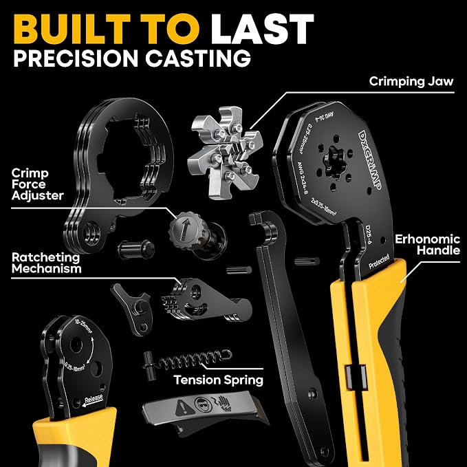 Hex Ferrule Crimping Tool for AWG 24-4(0.25-25mm²), Ratchet Crimper | Self-Adjusting, for Insulated, Uninsulated & Twin Wire Ferrules - For Home Electrical, Control Panels, Car Audio, Solar & RV
