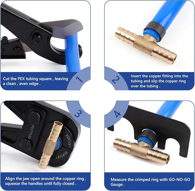PEX Crimping Tool Set Interchangeable Jaw with 4 Sizes - 1", 1/2", 3/4", 3/8" for Copper Crimp Rings, Includes Go/No-Go Gauge, Complies with ASTM F1807 Standard