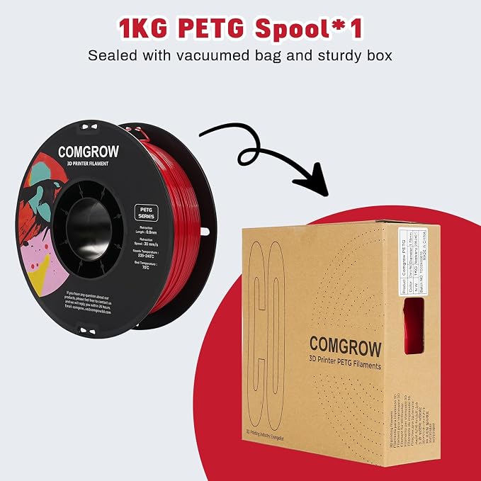 Comgrow PETG 3D Printer Filament 1.75mm, High Precision and Tough 3D Printer Filament 1kg (2.2LBS), Dimensional Accuracy +/- 0.02 mm, Fit Most 3D Printers Red