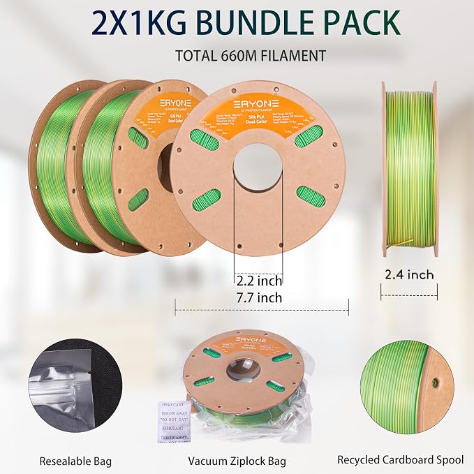 ERYONE Silk Dual Color PLA Filament 3D Printer 1.75mm +/- 0.03mm, Bicolor Filament Two Tone PLA Bundle 2KG Cardboard Spool, Yellow Green