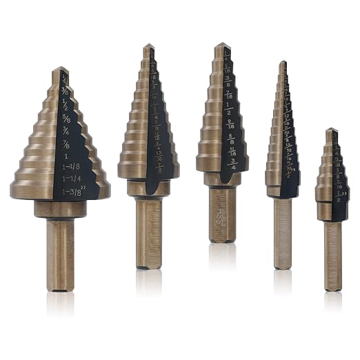 Step Drill Bits, HSS 5PCS Titanium Step Drill Bit Set, 50 Sizes in 5 High Speed Steel Unibit Drill Bits Set for Sheet Metal with Aluminum Case, Multiple Hole Stepped Up Bits for DIY Lovers