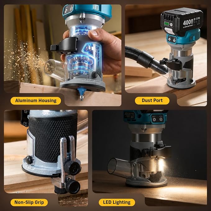 SEESII Cordless Jigsaw and Wood Router Tool for Combo Kit | with Batteries and Charger, Brushless, Aluminum Palm Router, 0-45° Bevel Jig Saw, Adjustable Speed for Cutting & Trimming