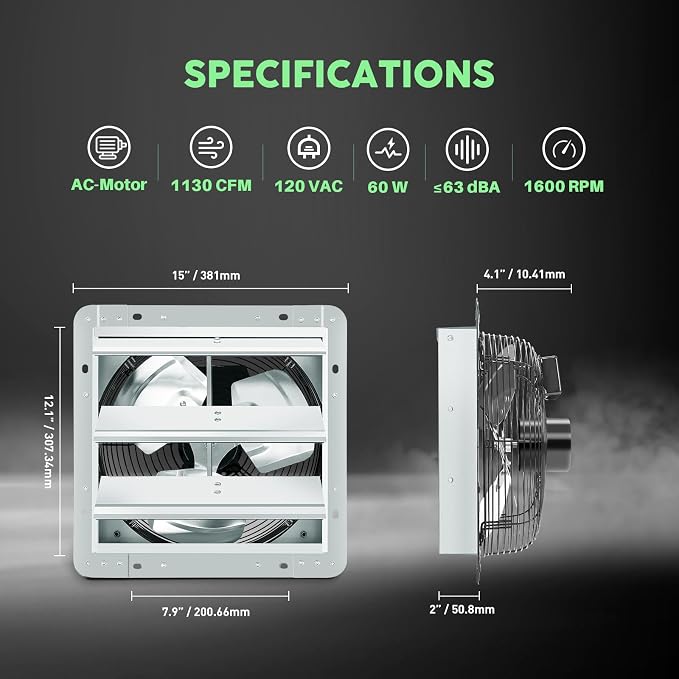 YOZON 12" Shutter Exhaust Fan with Speed Controller, Wall Mounted Wall Exhaust Fan, Automatic Shutter, High Speed, 1130CFM, Vent Fan for Garage, Greenhouse, Shed, Chicken Coop and Workshop - Silver