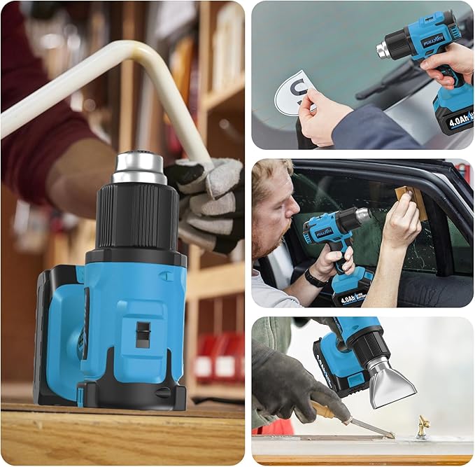 FULLYEA Heat Gun Cordless, Max 1022°F (550°C), Hot Air Gun Kit with 2x4.0Ah Batteries & 5 Nozzles, Lightweight Portable, Battery Heat Gun for Shrink Tubing, PVC Wrap, DIY Craft (Blue)