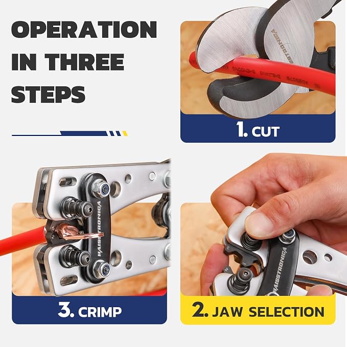 haisstronica Heavy Duty Battery Cable Crimping Tool Kit-Ratchet Hex Extended Handle Crimper for 8,6,4,2,1,1/0 AWG Copper Lugs