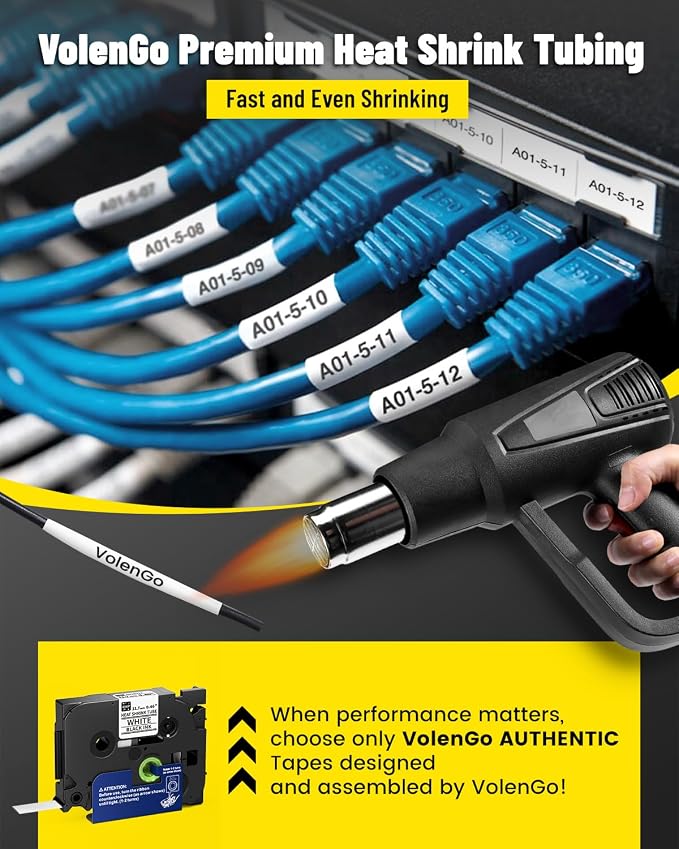 E1000 Heat Shrink Label Maker, 6PK 12mm 0.47 Heat Shrink Tube Tapes & 2PK Flexible ID Cable Tapes, Wire Label Maker Waterproof-Labels, Handheld Labeler for Industrial Electrical Use