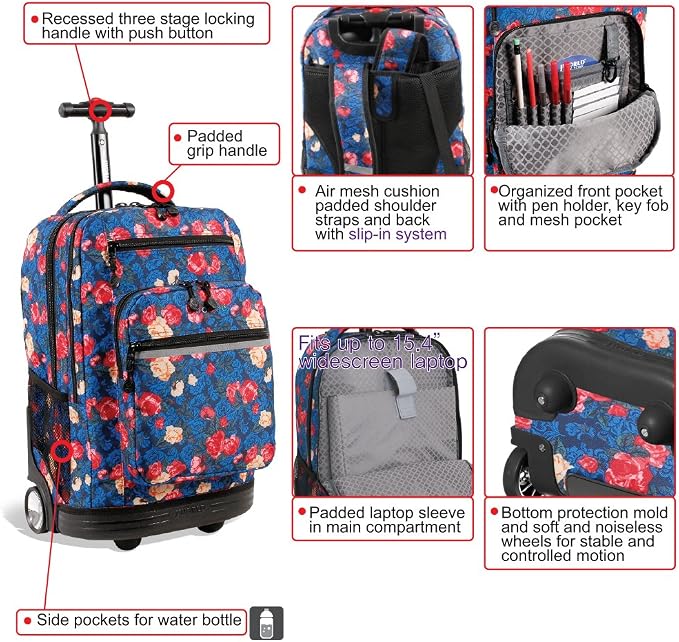 J World Sundance Laptop Rolling Backpack for Girls Boys. Roller Bookbag with Wheels, 20 Inch, Vintage Rose