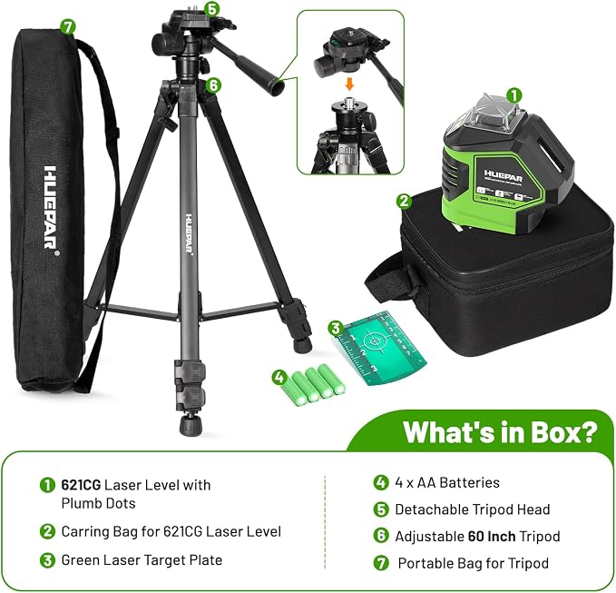 Laser Level with Tripod 60 Inch, Huepar Self Leveling Laser Level with 2 Plumb Dots -Green Cross Line Laser Leveler Tool with 360° Horizontal and 140° Vertical Line for Construction & Home Use 621CGT