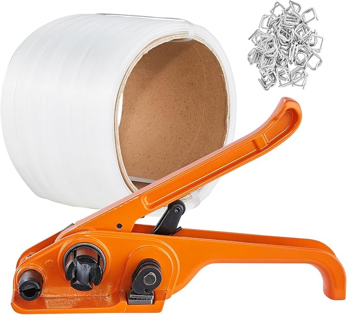 VEVOR Banding Strapping Kit with Strapping Tensioner Tool, 328 ft Length Woven Strapping Cord Band, 100 Metal Seals, Pallet Packaging Strapping Banding Kit, Banding Packaging Strapping for Packing