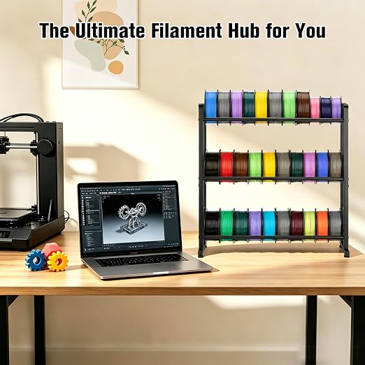 facka 3D Printer Filament Storage Rack, 3-Tier Metal Filament Spool Holder | Desktop Filament Organizer Shelf for 1kg PLA, ABS, TPU, PETG Rolls, Home Office, Studio, Workshop, 3D Printing Workspace