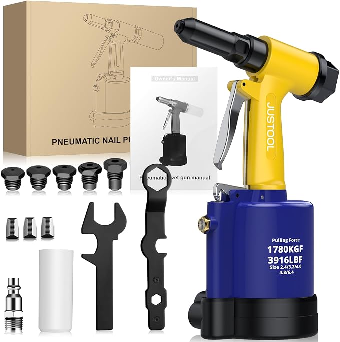 JUSTOOL Heavy Duty Pneumatic Rivet Gun 3916 LBF Air Rivet Gun-3/32", 1/8", 5/32", 3/16", 1/4" Air Riveter with NPT 1/4 inch Air Hydraulic Riveter for Automotive Construction Maintenance Industries DIY