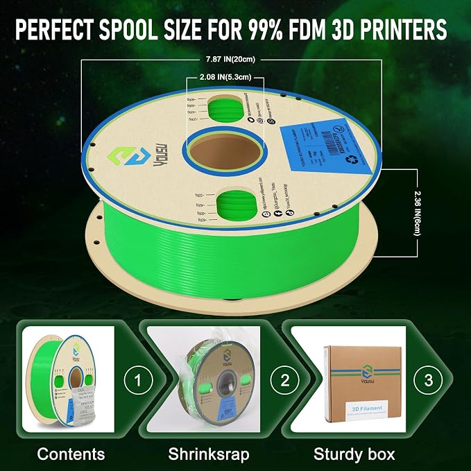 YOUSU Glow in The Dark Light Green PLA Filament 1.75mm, Luminous PLA 3D Printer Filament, Dimensional Accuracy +/- 0.03mm, 1kg(2.2lbs) Spool, Fit for Most 3D Printer