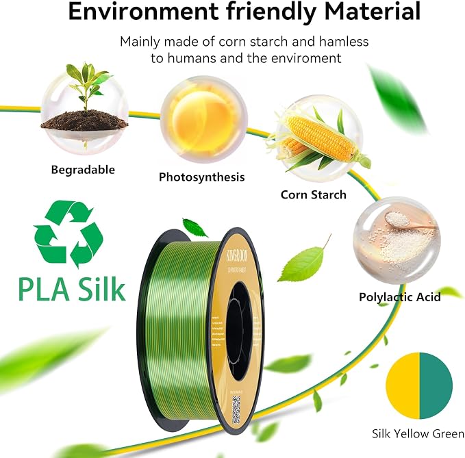 Kingroon PLA Filament, Multicolor Silk PLA Filament, Dual Color 3D Printer Filament, 1.75 mm, Dimensional Accuracy +/- 0.03 mm, 1kg Spool(2.2lbs), Yellow Green