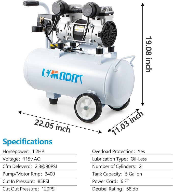 Quiet Oil-Free Air Compressor, 68 dB, 2.8 CFM @ 90 PSI, 5 Gallon Air Tank | Electric Steel Tank Compressor for Woodworking, Nailing, Garage, Car Inflation and Pneumatic Tools, Includes Air Hose Kit