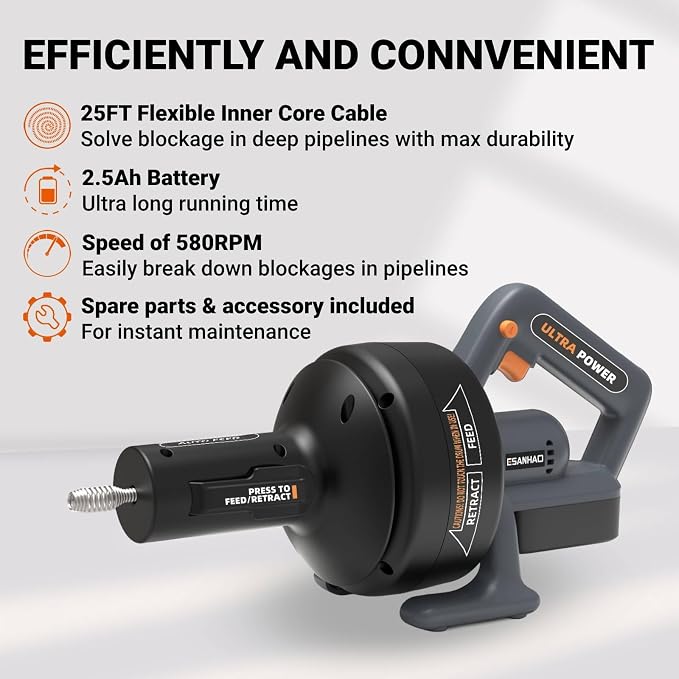 Electric Drain Auger 25ft Cordless Drain Cleaner machine auto feed plumbing snake for kitchen sink, showers, toilet et. 3/4-2" Pipe drain clog (Upgraded)