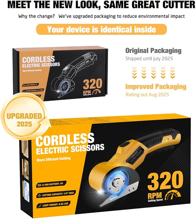 Cordless Electric Scissors,4V Rechargeable Cardboard Cutter Heavy Duty Scissor with Safety Lock & LED Light for Box Carpet Plastic Fabric(Yellow)