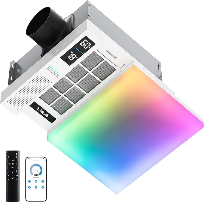 VallisCo Bathroom Exhaust Fan with Light, Bluetooth Speaker, Odor & Humidity Sensors, 230 CFM Quiet Ceiling Fan with 3 Dynamic RGB Lighting, 3CCT - Remote App Control - Compatible with Alexa