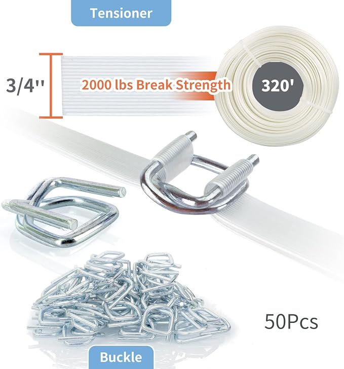 Heavy Duty Packing Strapping kit, Pallet Packing Strapping Tool, 3/4" x 320' Woven Cord Strapping Set, 2000 lbs Break Strength, Metal Buckles, Polypropylene Cord Strapping Tensioner