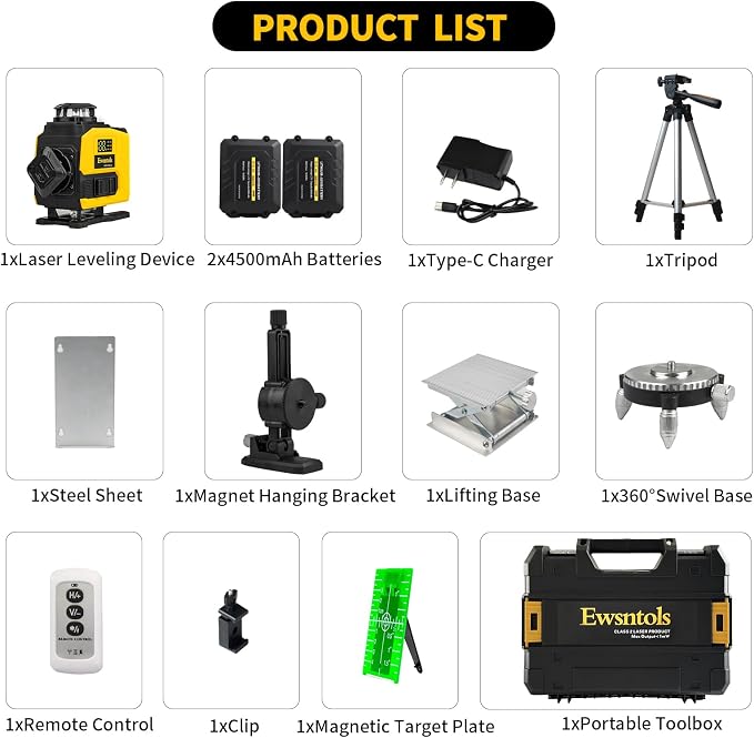 Laser Level with Tripod,4×360° Whole-Room Cross-Line Green Beam Laser Level 360 Self Leveling with 2×4500mAh Batteries & Rotatable Window for Picture Hanging,Tile,Ceiling and Home Renovation