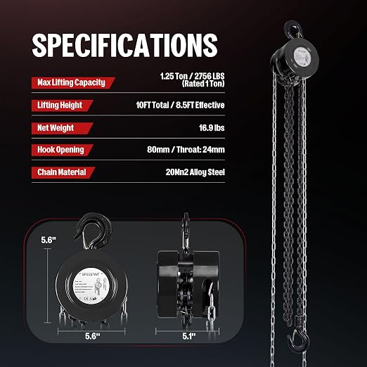 SPECSTAR Hand Chain Hoist 1 Ton 2200 Lbs Capacity 10 Feet with 2 Hooks | Heavy Duty Manual Chain Fall for Warehouse Building Automotive Machinery Black