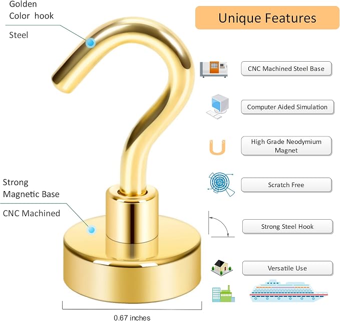 Neosmuk Magnetic Hooks,Heavy Duty Earth Magnets with Hook for Refrigerator, Extra Strong Cruise Hook for Hanging, Magnetic Hanger for Cabins, Grill (Gold, Pack of 20)
