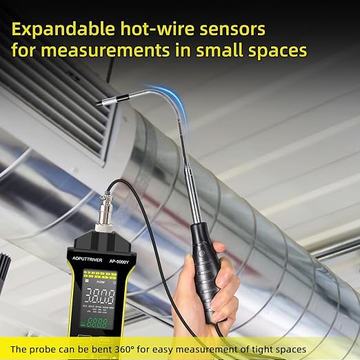 Hot Wire Anemometer Handheld CFM/CMM Air Flow Meter with 360° Revolve Telescopic Probe Measures Airflow and Temperature in Air Flow Velocity for HVAC Cone Duct-AP-5000Y