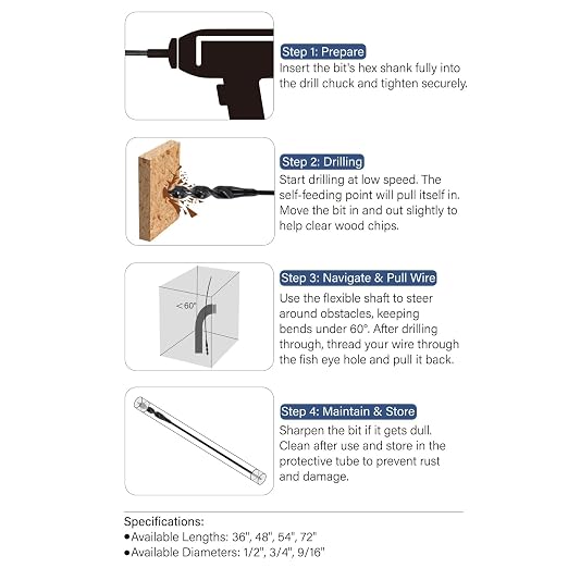 HUAALIUCHE 36" Flexible Installer Drill Bit for Pulling Wires in Walls, Ceilings, and Sidewalks, 1/2" Auger with Screw Point & Fish Eye, 3/16" 3-Flat Shank for Wood & Conduits, with Storage Tube