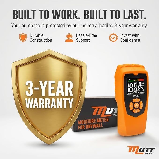 Mutt Tools Pinless Moisture Meter for Drywall – Non-Destructive Wood Moisture Meter for Walls, Wood and Masonry – Detects up to 2 Inches Below the Surface