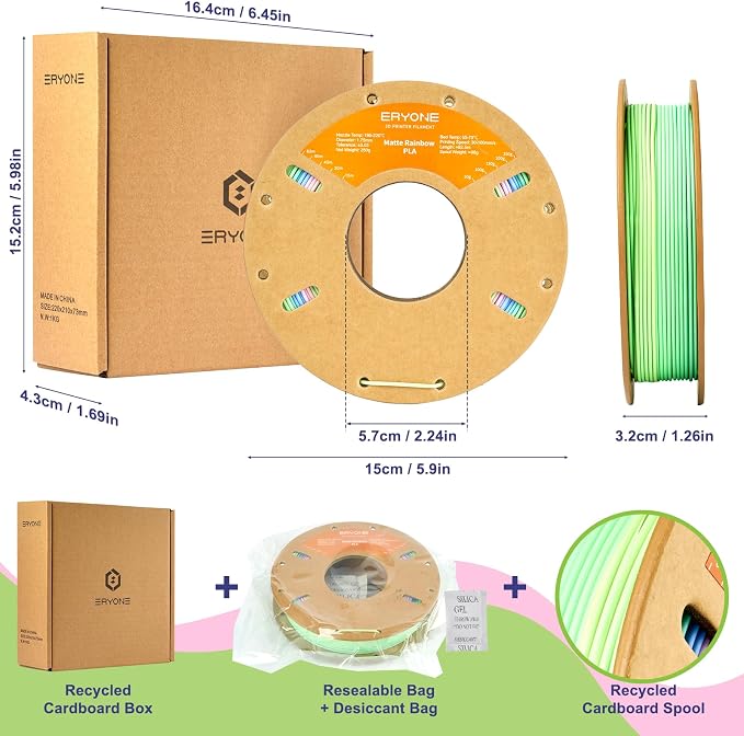 ERYONE PLA Filament 3D Printer Filament Multicolor 1.75mm +/- 0.03mm, PLA Filament 250g Spool, Matte Rainbow Watercolor