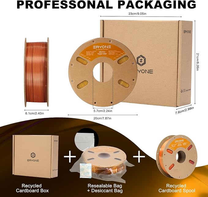 ERYONE Silk Tri Color PLA Filament 3D Printer 1.75mm +/- 0.03mm, Multicolor Filament Tricolor PLA 1KG(2.2lbs) Cardboard Spool, Orange Blue Green